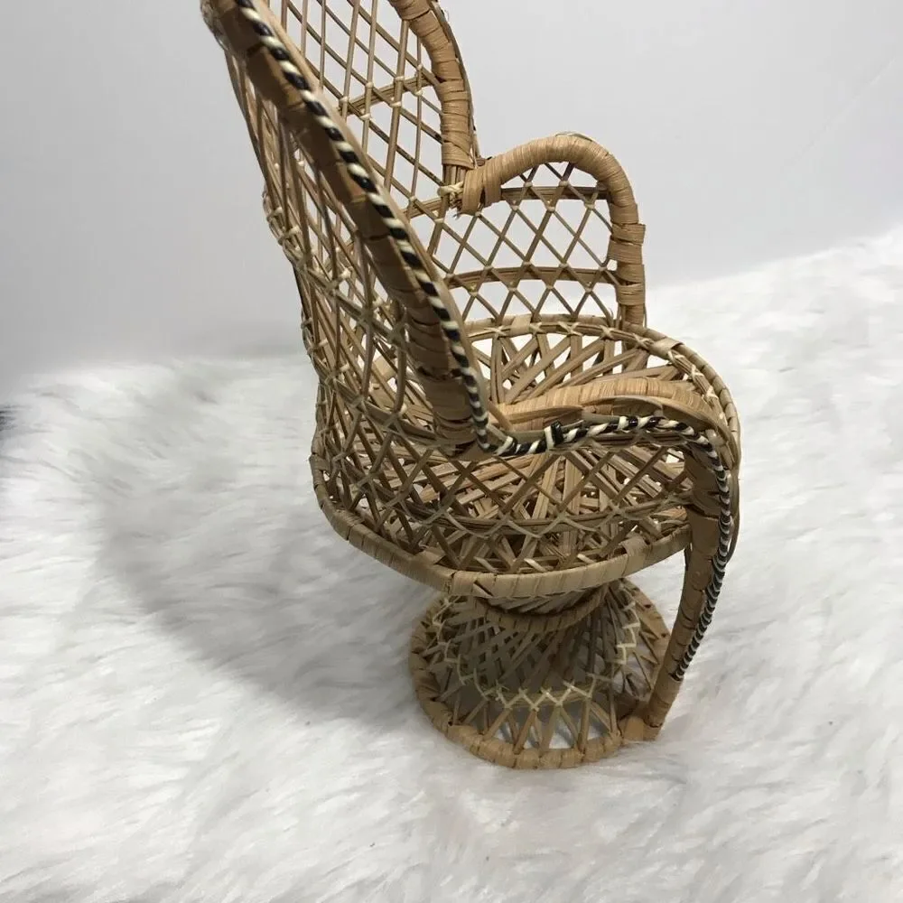 Mini‎ Papasan Boho Doll Chair Whicker Peacock Fan Back Rattan Chair Plant Stand